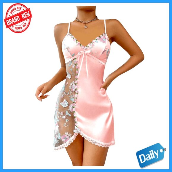 Mesh Floral Embroidery Lace Trim Sheer Chemise Nightgown Satin Slip Dress
